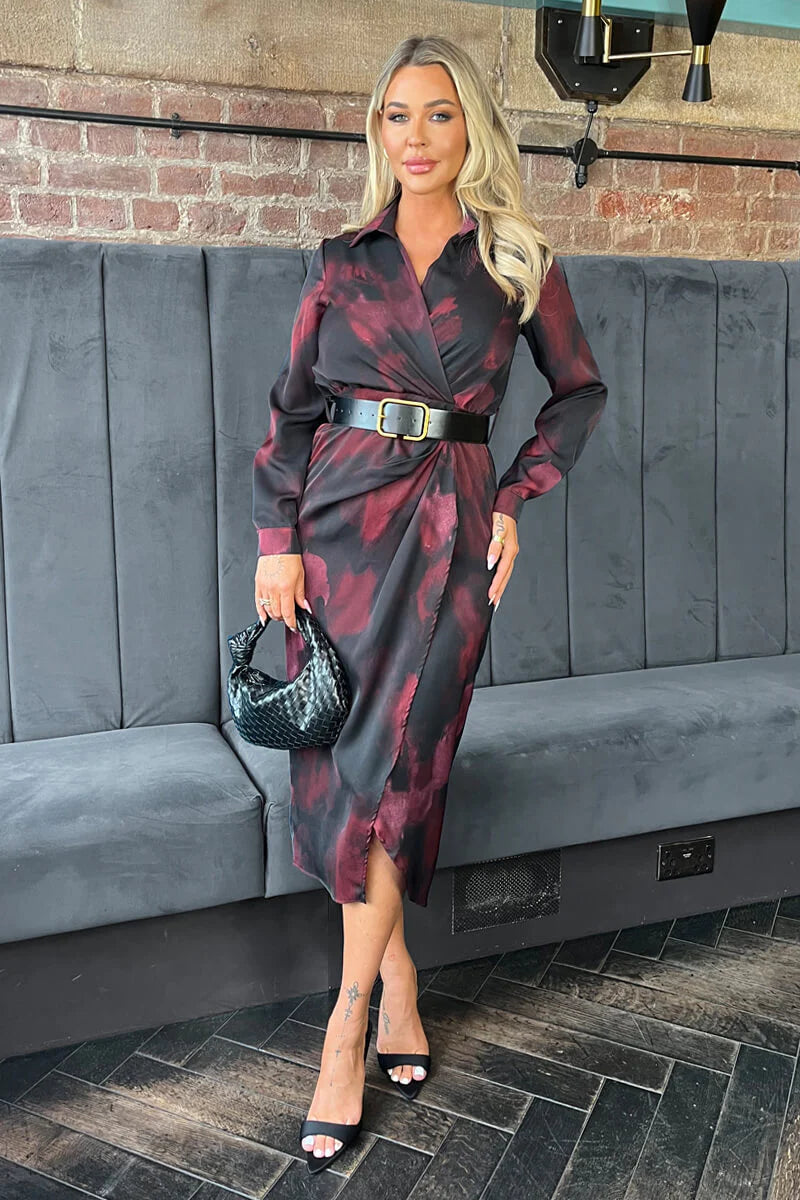 AX PARIS PLUM AND BLACK SMUDGE PRINT BELTED WRAP MIDI SHIRT DRESS