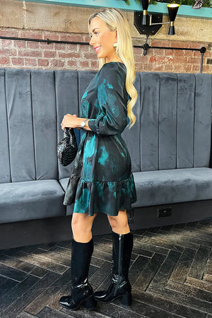 AX PARIS TEAL AND BLACK SMUDGE PRINT FRILL HEM BELTED MINI DRESS