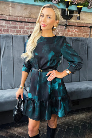 AX PARIS TEAL AND BLACK SMUDGE PRINT FRILL HEM BELTED MINI DRESS