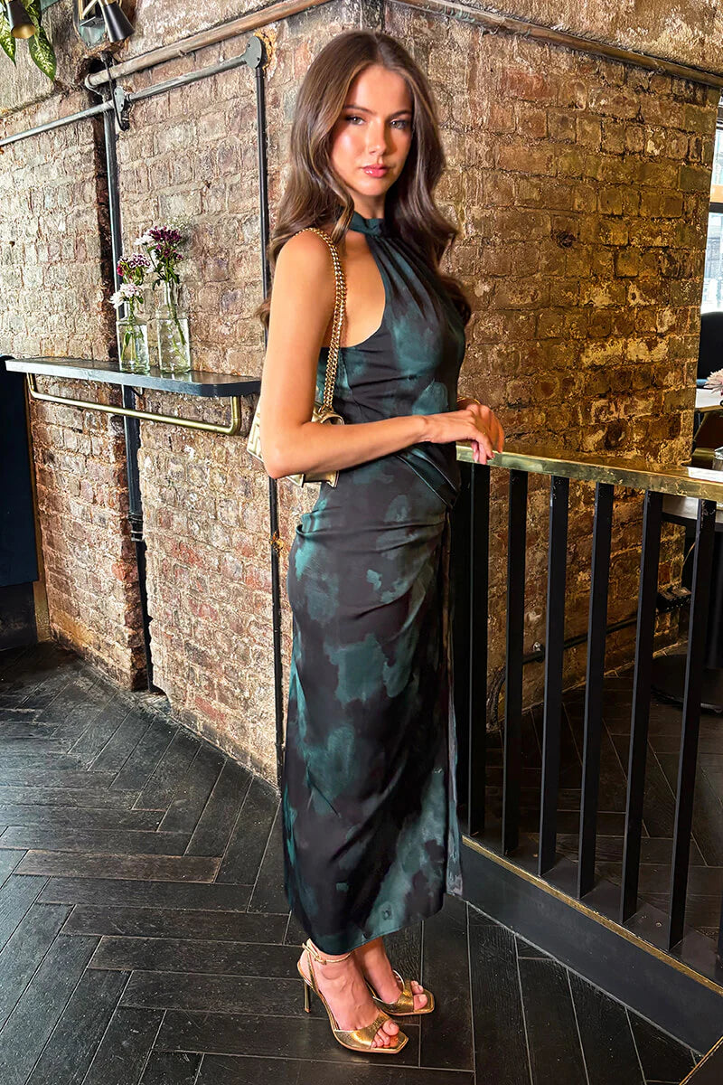 AX PARIS TEAL AND BLACK SMUDGE PRINT HALTER NECK KNOT SKIRT MIDI DRESS