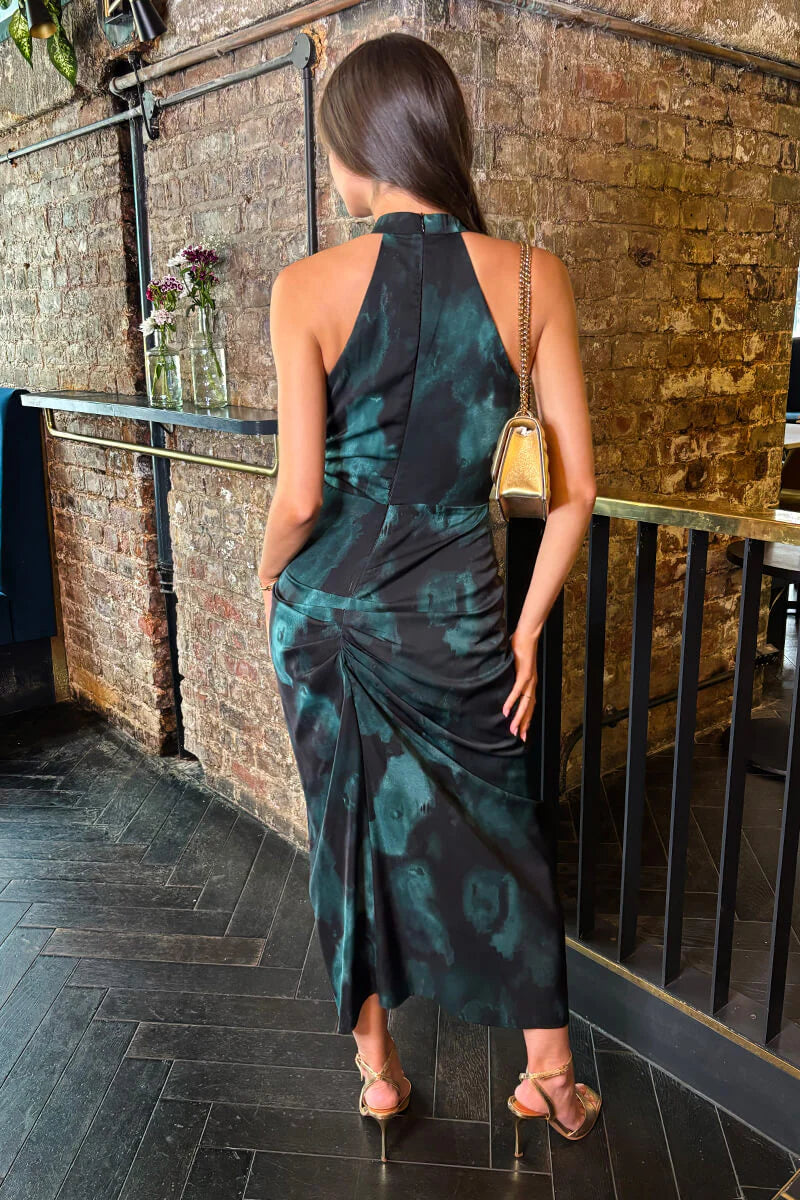 AX PARIS TEAL AND BLACK SMUDGE PRINT HALTER NECK KNOT SKIRT MIDI DRESS