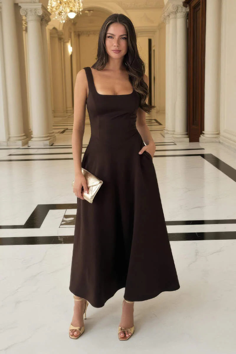 AX PARIS CHOCOLATE SQUARE NECK A-LINE MIDI DRESS