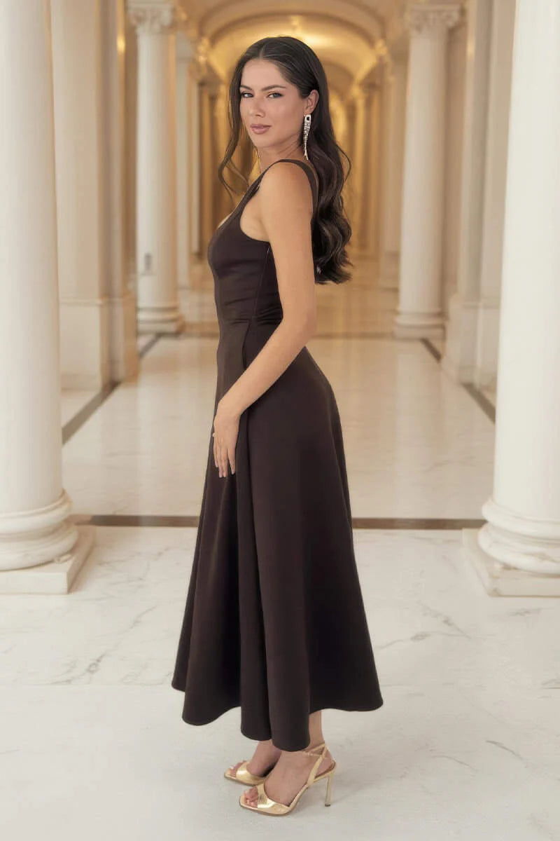 AX PARIS CHOCOLATE SQUARE NECK A-LINE MIDI DRESS