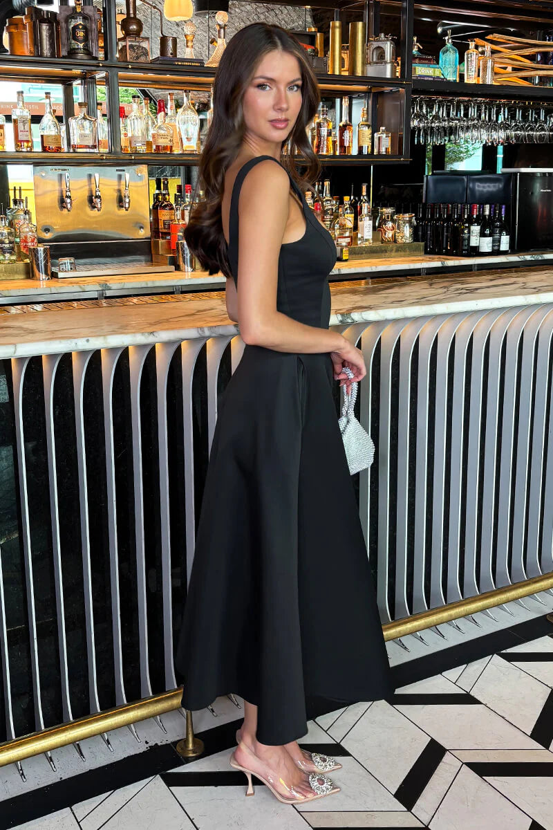 AX PARIS BLACK SQUARE NECK A-LINE MIDI DRESS