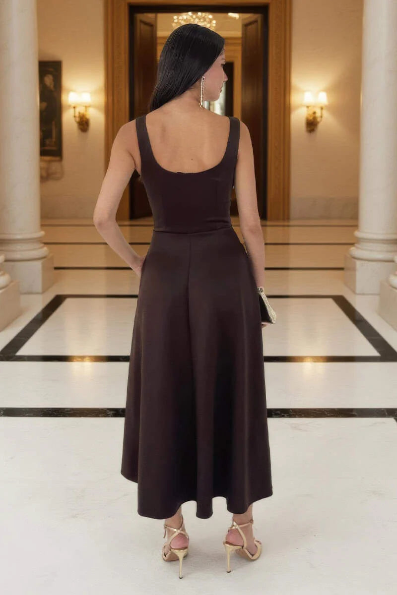 AX PARIS CHOCOLATE SQUARE NECK A-LINE MIDI DRESS
