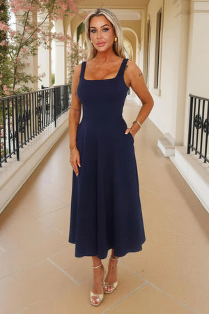 AX PARIS NAVY SQUARE NECK A-LINE MIDI DRESS