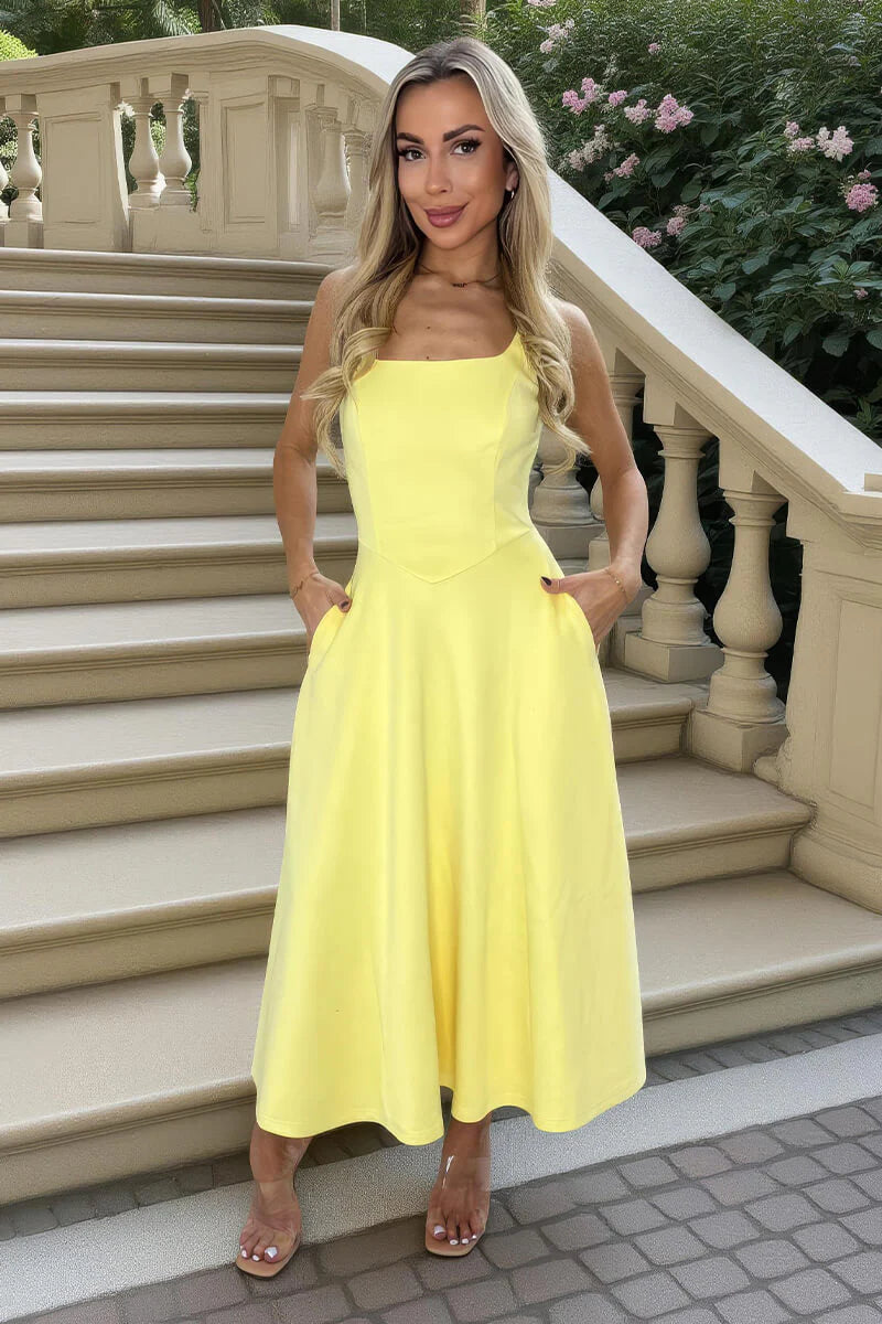 AX PARIS SOFT YELLOW SQUARE NECK A-LINE MIDI DRESS