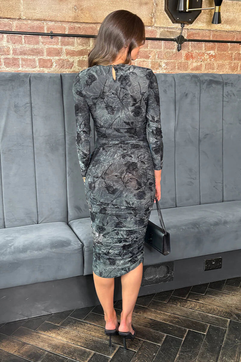 AX PARIS BLACK AND GREY VELOUR ROSE DETAIL LONG SLEEVE MIDI DRESS