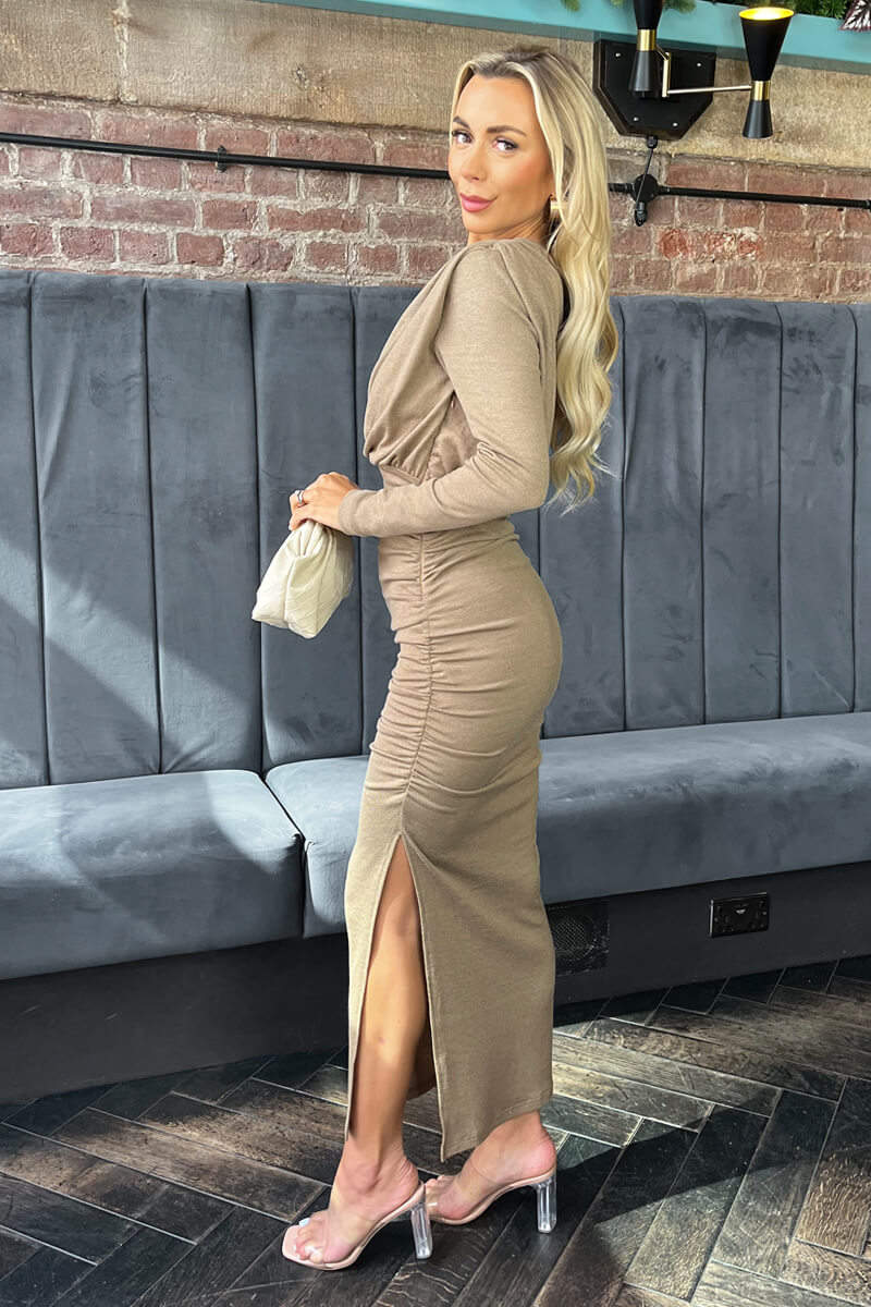 AX PARIS TAUPE KNIT OFF THE SHOULDER LONG SLEEVE MIDI DRESS
