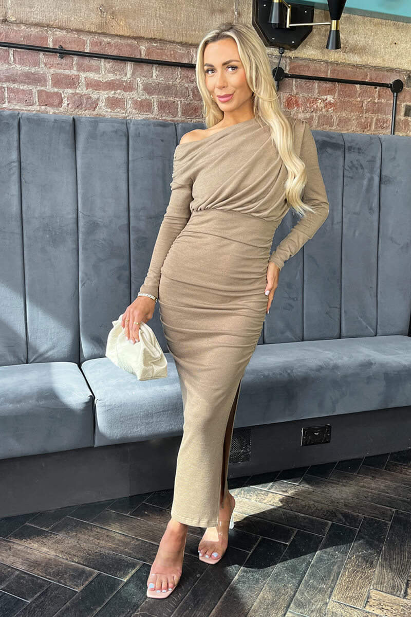 AX PARIS TAUPE KNIT OFF THE SHOULDER LONG SLEEVE MIDI DRESS