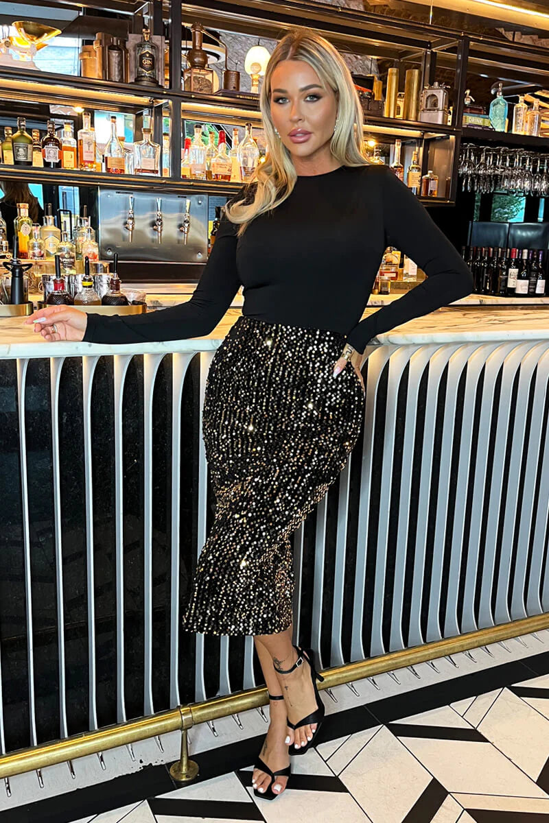 AX PARIS GOLD VELVET SEQUIN 2 IN 1 LONG SLEEVE MIDI DRESS