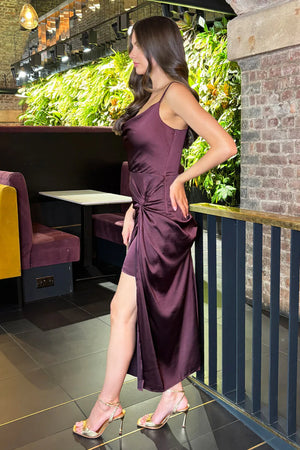 AX PARIS DARK PLUM SATIN COWL NECK KNOT SKIRT MIDI DRESS