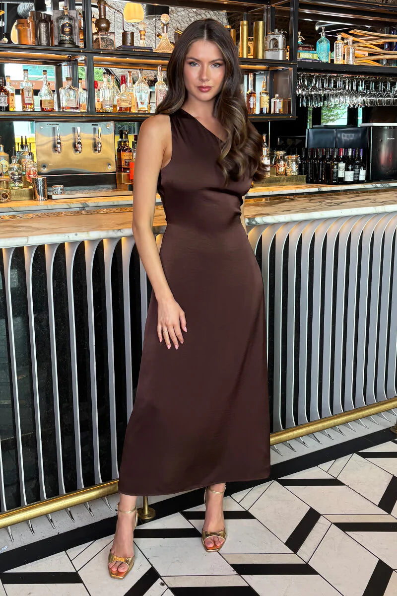 AX PARIS CHOCOLATE ONE SHOULDER OPEN BACK TWIST DETAIL MIDI DRESS