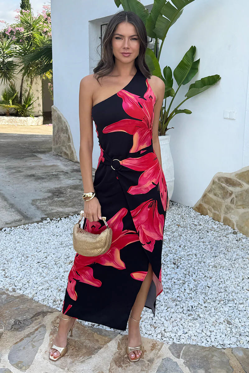 AX PARIS BLACK AND CORAL RED FLORAL PRINT ONE SHOULDER O-RING MIDI DRESS