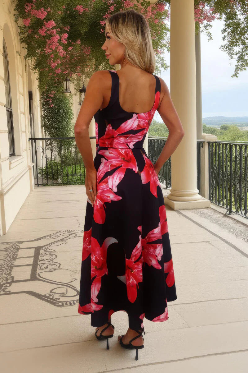 AX PARIS BLACK AND CERISE FLORAL PRINT SQUARE NECK A-LINE MIDI DRESS