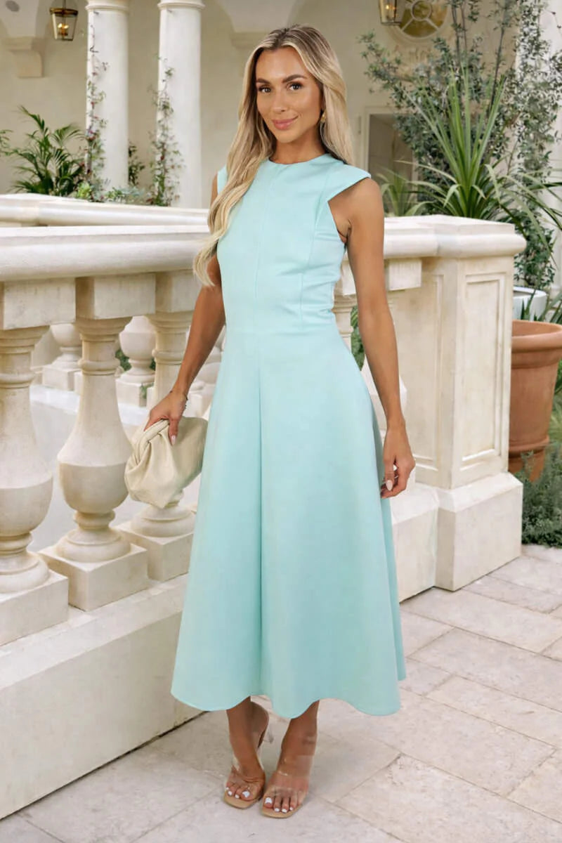 AX PARIS ICE BLUE ROUND NECK A-LINE MIDI DRESS