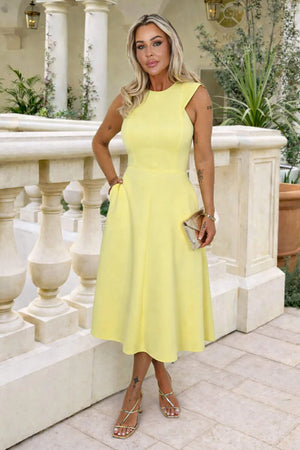 AX PARIS SOFT YELLOW ROUND NECK A-LINE MIDI DRESS