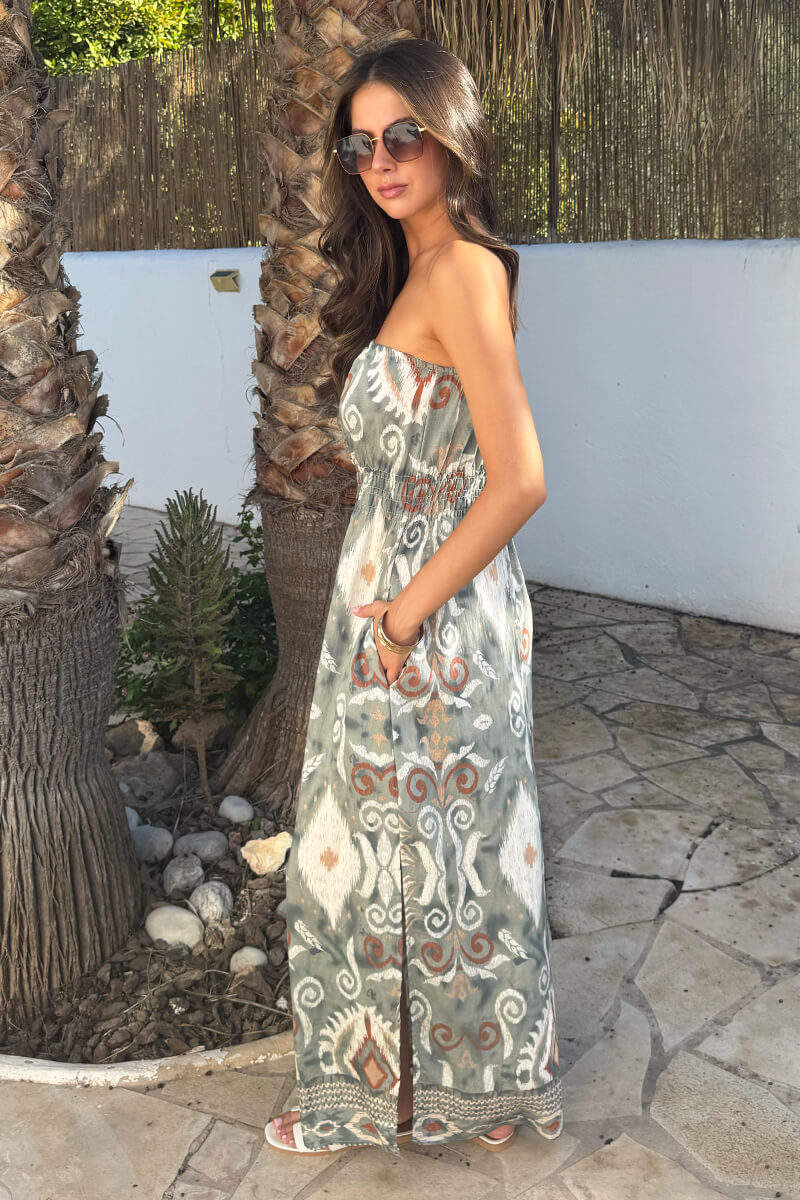 AX PARIS MULTI BOHO PRINT STRAPLESS SHIRRED WAIST MIDI DRESS