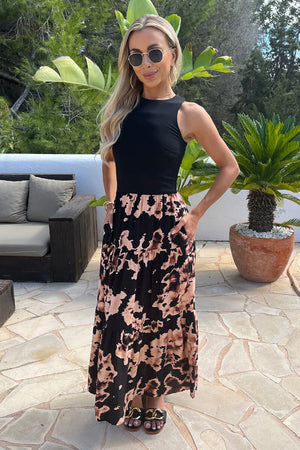 AX PARIS BLACK ABSTRACT PRINT 2-IN-1 SMOCK MIDI DRESS