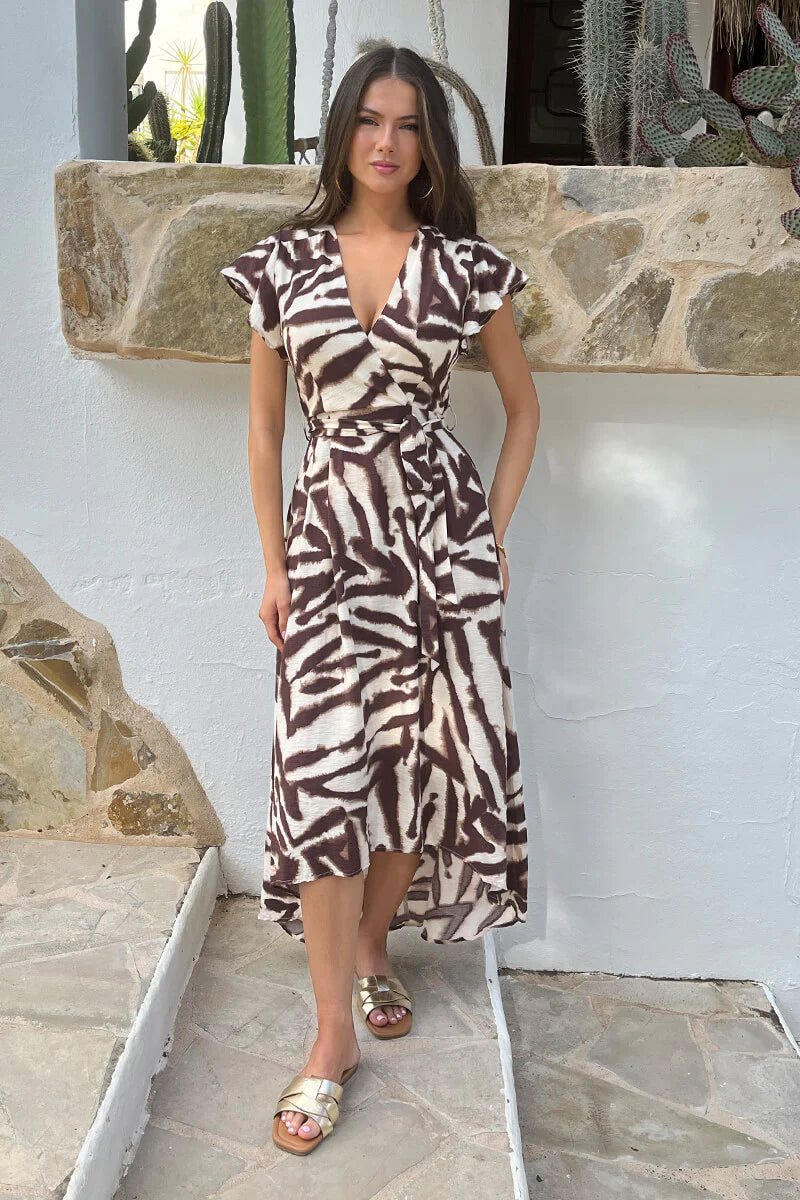 AX PARIS BROWN ANIMAL PRINT BELTED WRAP MIDI DRESS