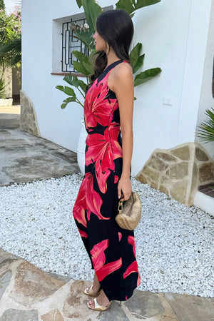 AX PARIS BLACK AND CORAL RED FLORAL PRINT ONE SHOULDER O-RING MIDI DRESS
