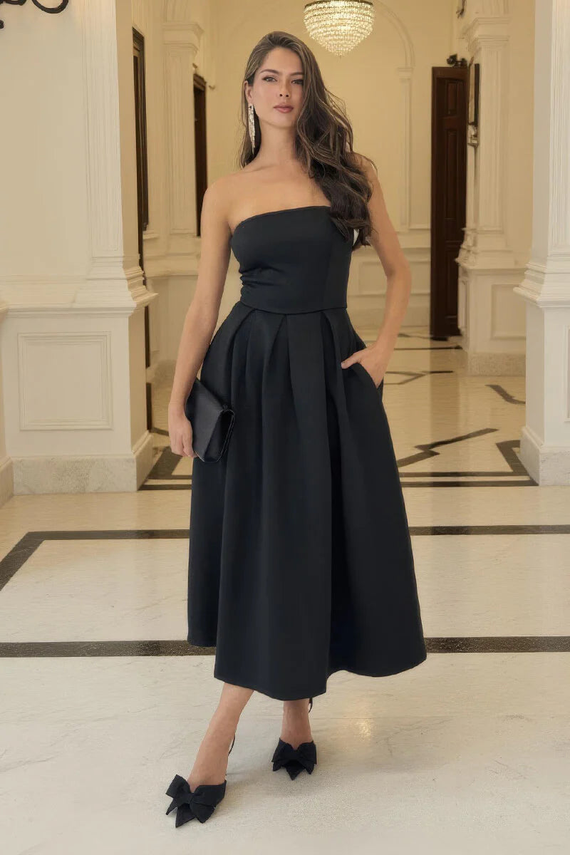 AX PARIS BLACK BANDEAU A-LINE SKIRT MIDI DRESS