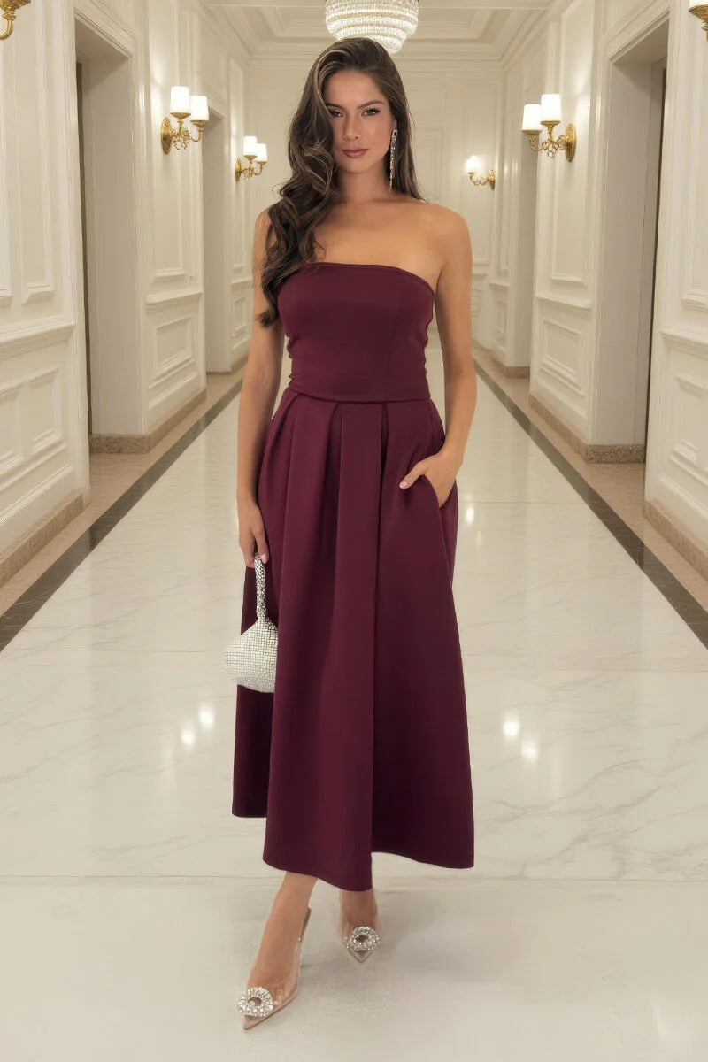 AX PARIS PLUM BANDEAU A-LINE SKIRT MIDI DRESS