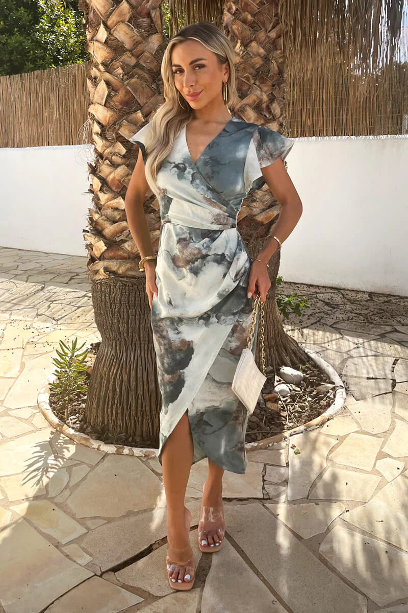 AX PARIS DUCK EGG MARBLE PRINT FLUTTER SLEEVE WRAP MIDI DRESS