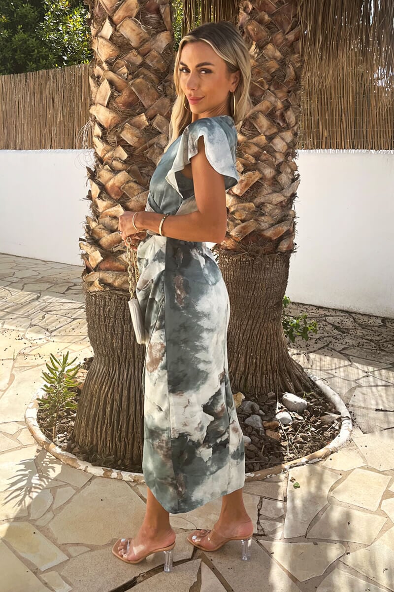 AX PARIS DUCK EGG MARBLE PRINT FLUTTER SLEEVE WRAP MIDI DRESS