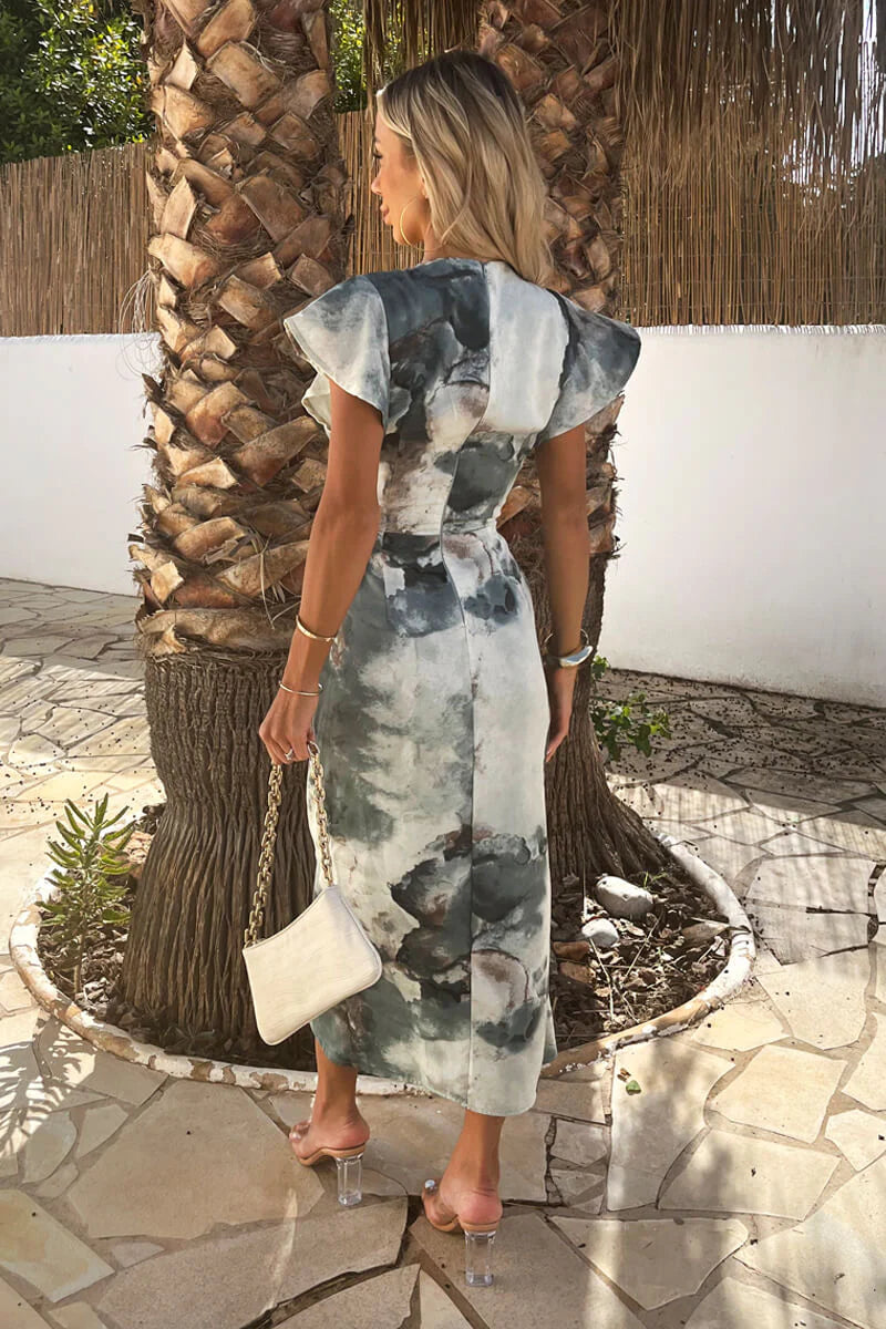 AX PARIS DUCK EGG MARBLE PRINT FLUTTER SLEEVE WRAP MIDI DRESS