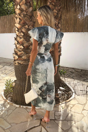 AX PARIS DUCK EGG MARBLE PRINT FLUTTER SLEEVE WRAP MIDI DRESS