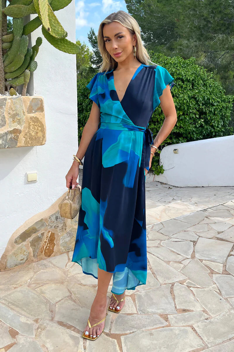 AX PARIS NAVY BOLD PRINT FLUTTER SLEEVE BELTED WRAP MIDI DRESS