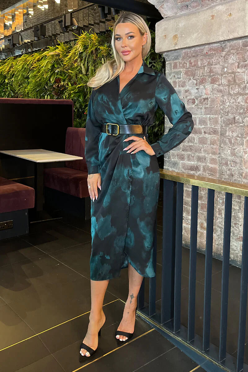 AX PARIS TEAL AND BLACK SMUDGE PRINT BELTED WRAP MIDI SHIRT DRESS