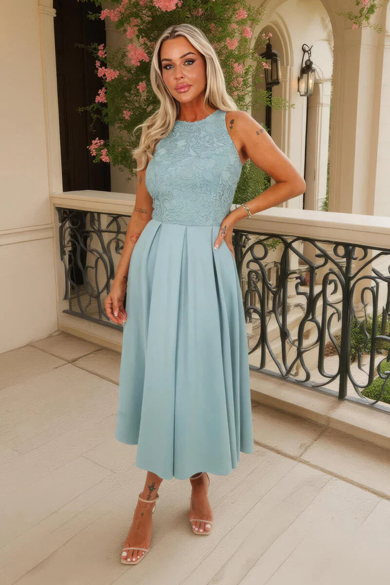 AX PARIS DUCK EGG EMBROIDERED TOP OVERLAY A-LINE SKIRT MIDI DRESS