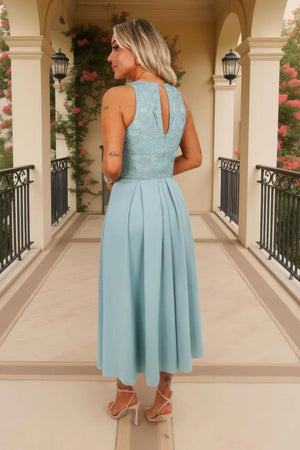 AX PARIS DUCK EGG EMBROIDERED TOP OVERLAY A-LINE SKIRT MIDI DRESS