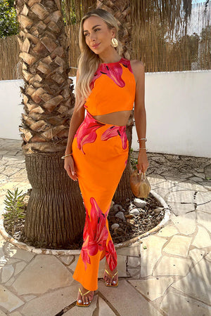 AX PARIS ORANGE AND PINK FLORAL PRINT WAIST CUT OUT MIDI DRESS
