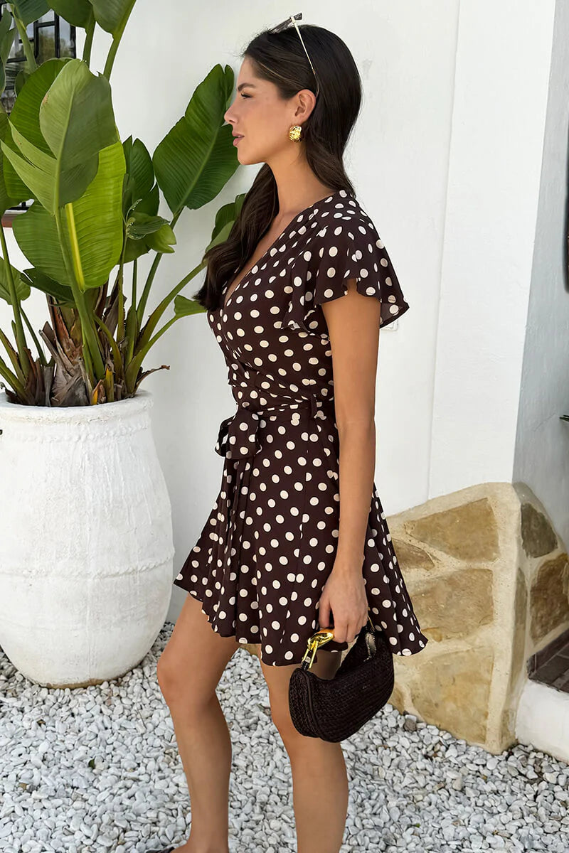 AX PARIS CHOCOLATE POLKA DOT WRAP TOP SKATER MINI DRESS