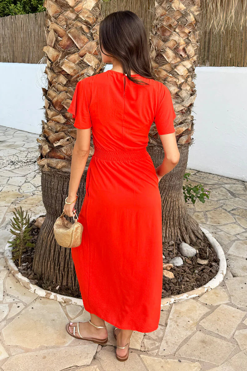 AX PARIS BURNT ORANGE FLUTTER SLEEVE SHIRRED WAIST MIDI DRESS