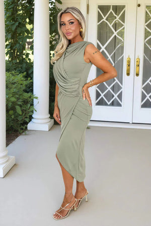 AX PARIS LIGHT KHAKI DRAPED SASH TOP WRAP MIDI DRESS