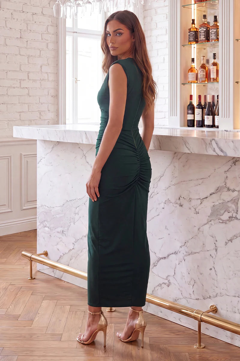 AX PARIS FOREST GREEN DRAPED TOP WRAP MIDI DRESS