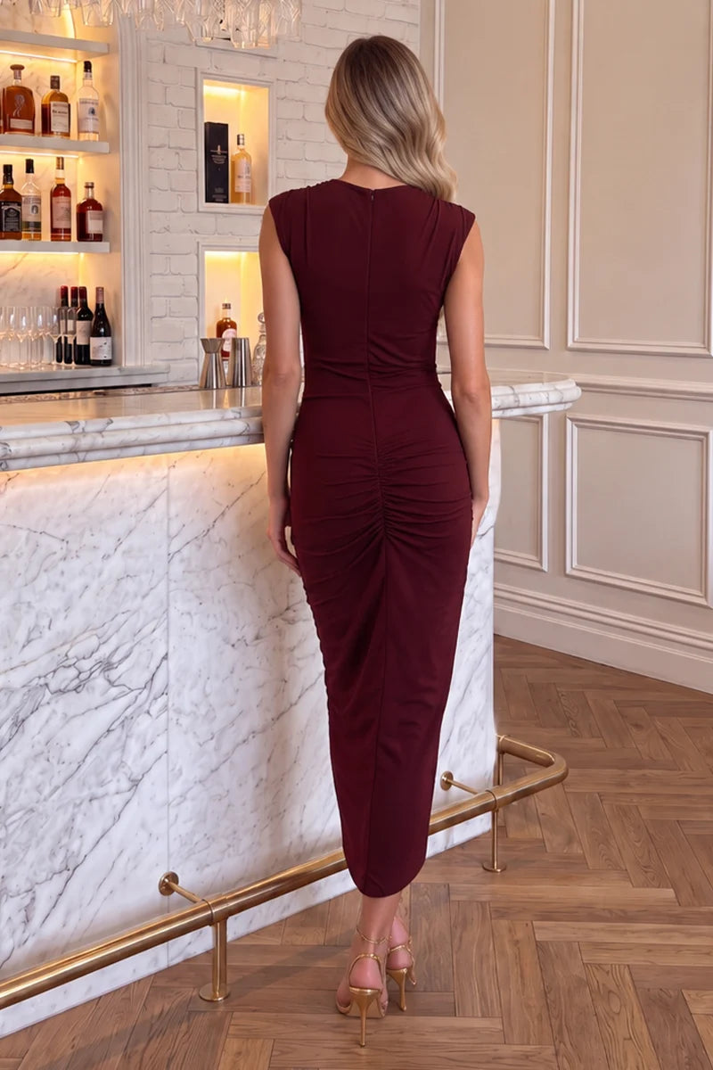 AX PARIS PLUM DRAPED SASH TOP WRAP MIDI DRESS