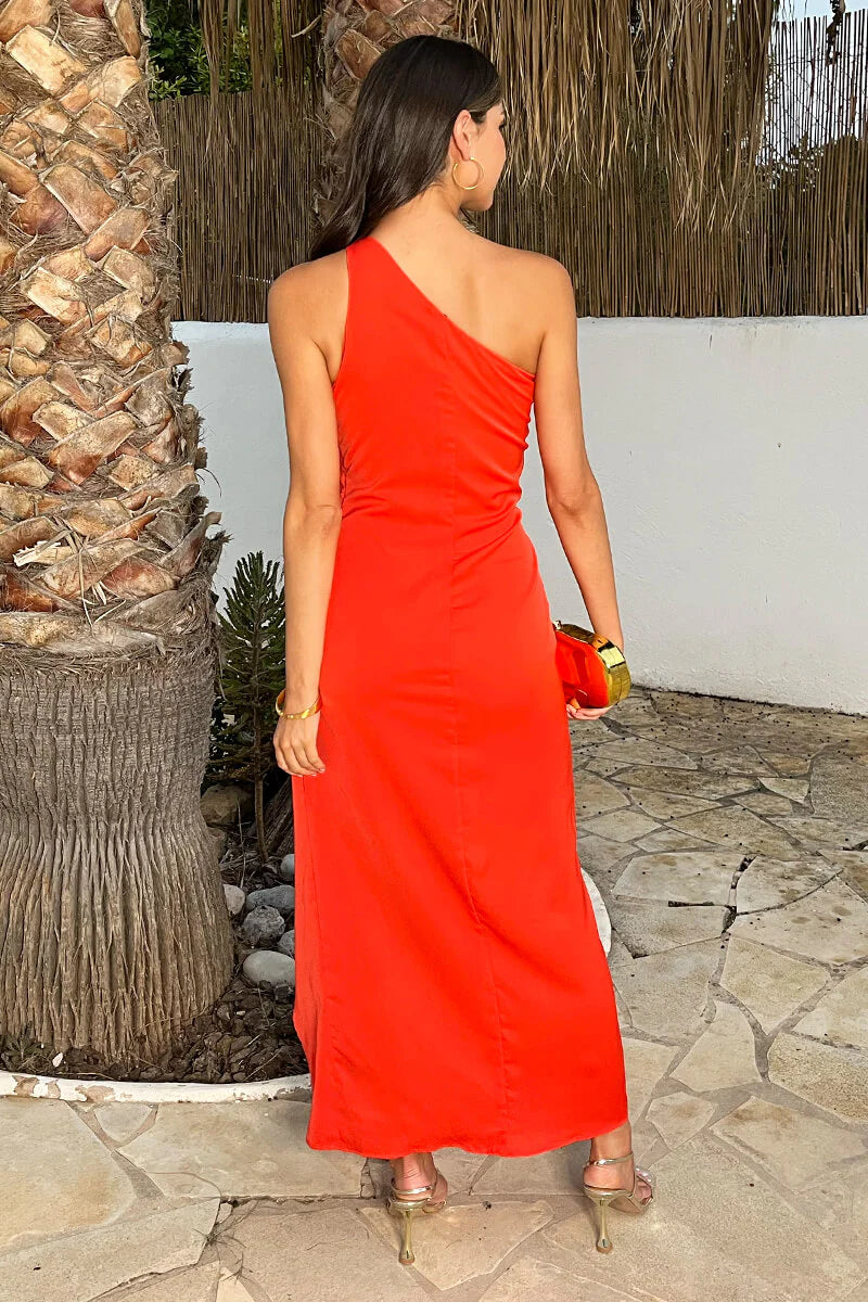 AX PARIS BURNT ORANGE ONE SHOULDER O-RING WRAP SKIRT MIDI DRESS