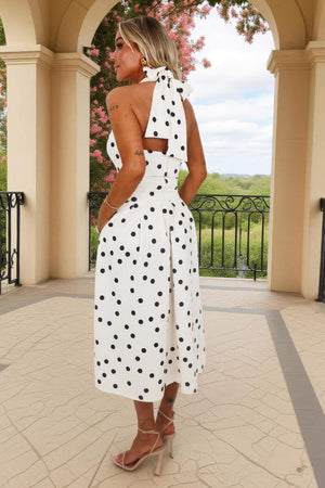 AX PARIS CREAM AND BLACK POLKA DOT TIE HALTER NECK MIDI DRESS
