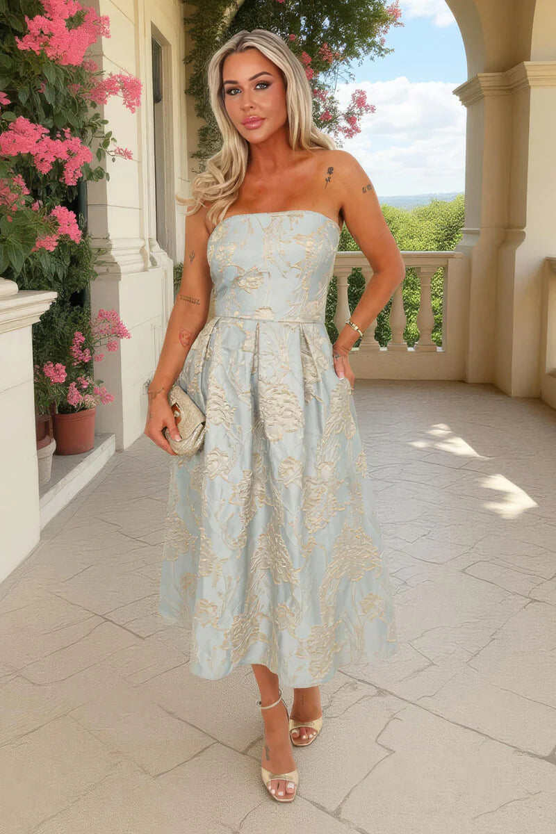 AX PARIS DUCK EGG FLORAL JACQUARD BANDEAU A-LINE MIDI DRESS