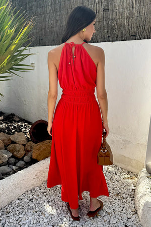 AX PARIS BURNT ORANGE TIE RACER NECK SHIRRED WAIST MIDI DRESS