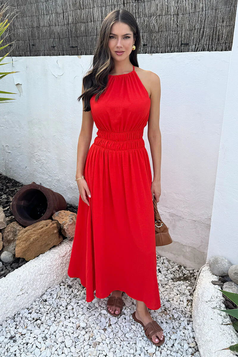 AX PARIS BURNT ORANGE TIE RACER NECK SHIRRED WAIST MIDI DRESS