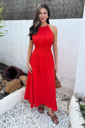 AX PARIS BURNT ORANGE TIE RACER NECK SHIRRED WAIST MIDI DRESS