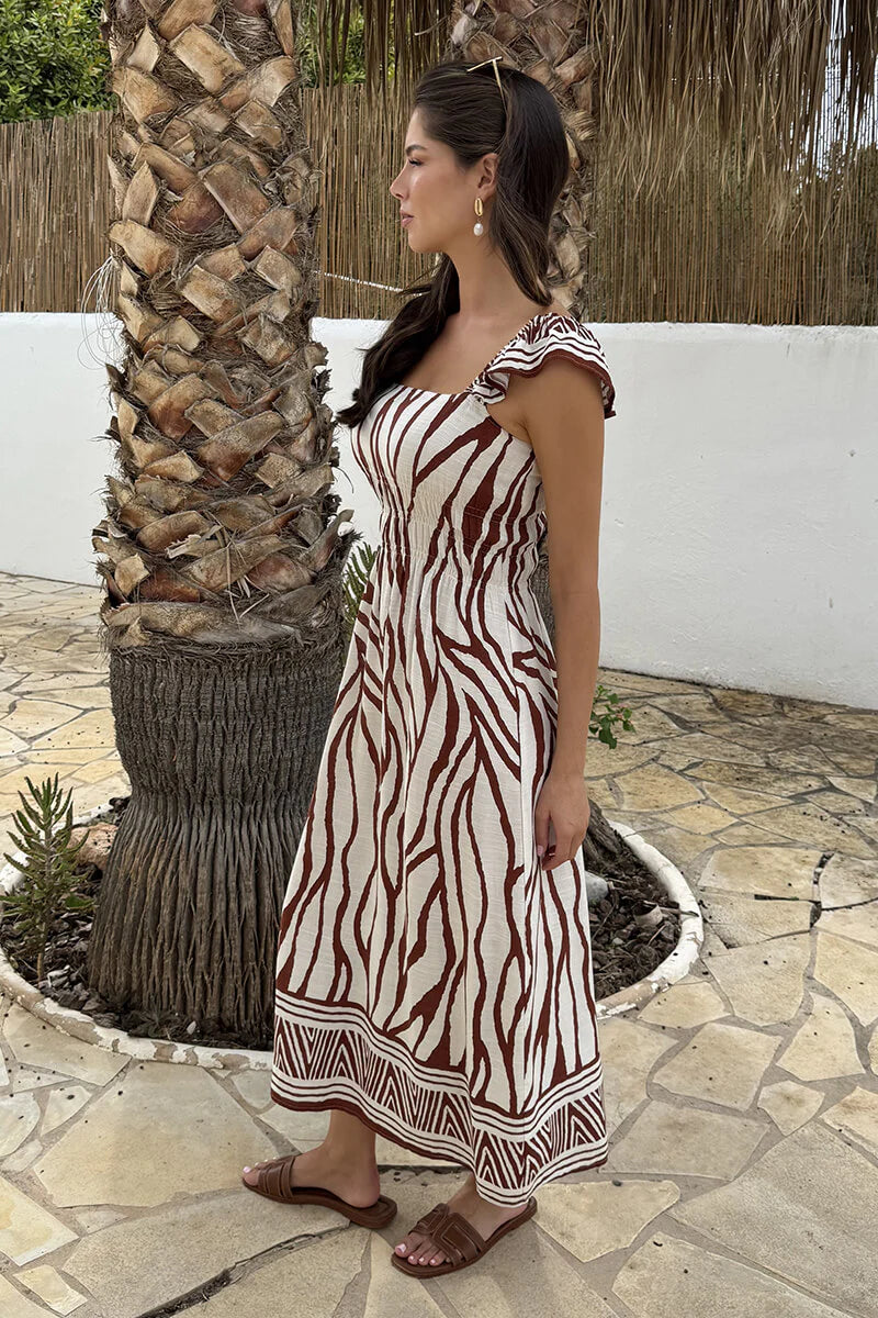 AX PARIS CREAM AND BROWN ABSTRACT PRINT FRILL STRAP MIDI DRESS