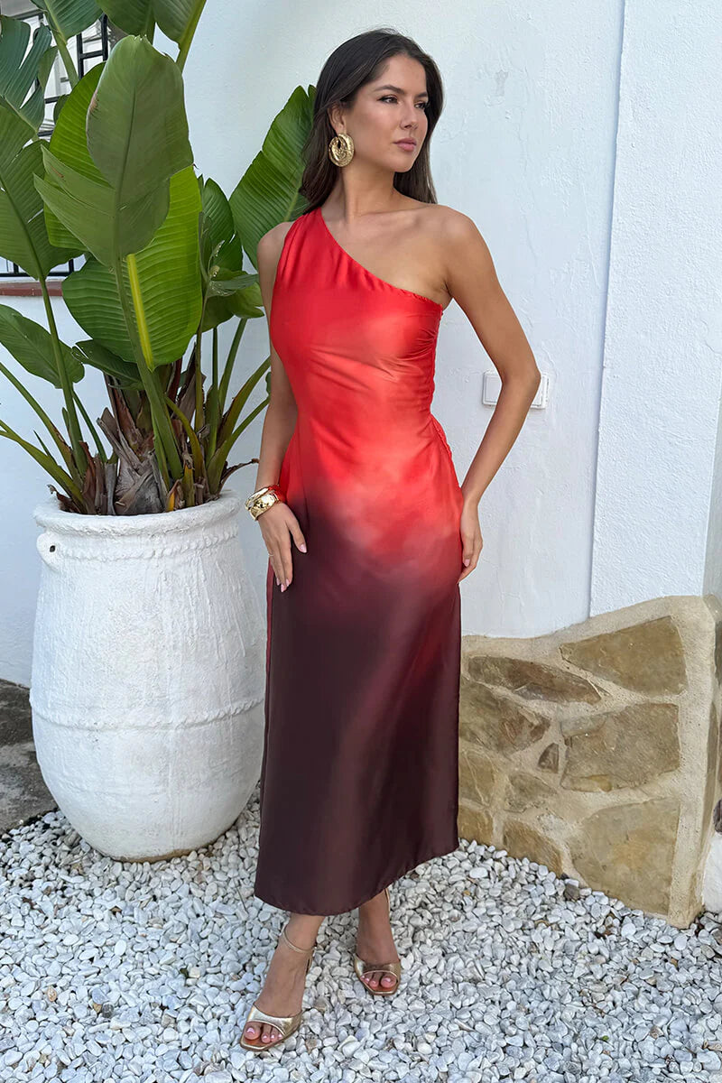 AX PARIS MULTI OMBRE ONE SHOULDER OPEN BACK TWIST DETAIL MIDI DRESS
