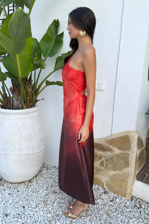 AX PARIS MULTI OMBRE ONE SHOULDER OPEN BACK TWIST DETAIL MIDI DRESS